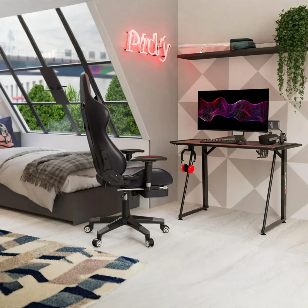 Drift Mesa Gaming DZ75 Preto Vermelho, vista em perspectiva: superfície carbono com mousepad integrado borda vermelha, - Item4
