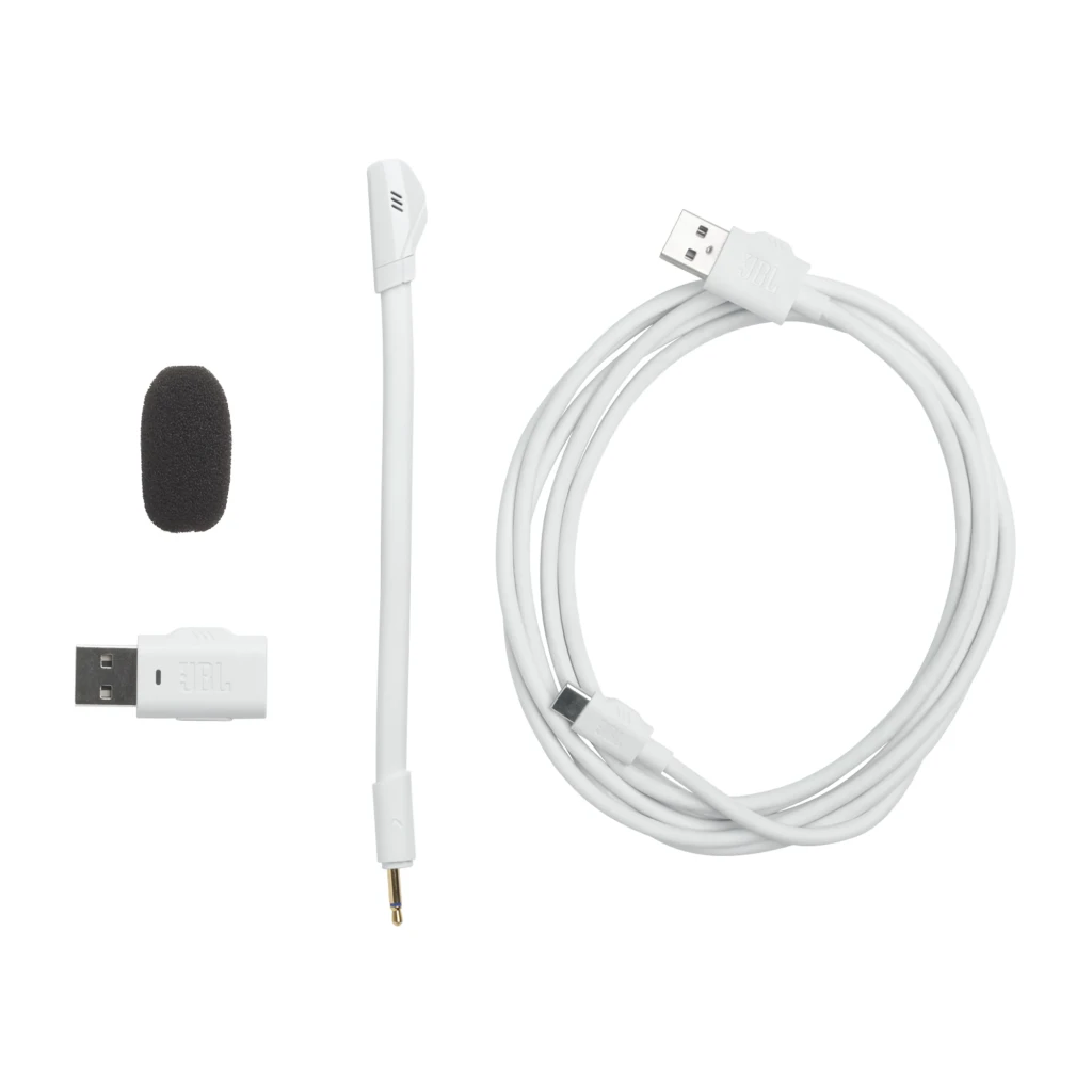 JBL Quantum 360P Blanc, vue latérale: casque avec coussin noir, arceau avec détail bleu et microphone flexible - Ítem6