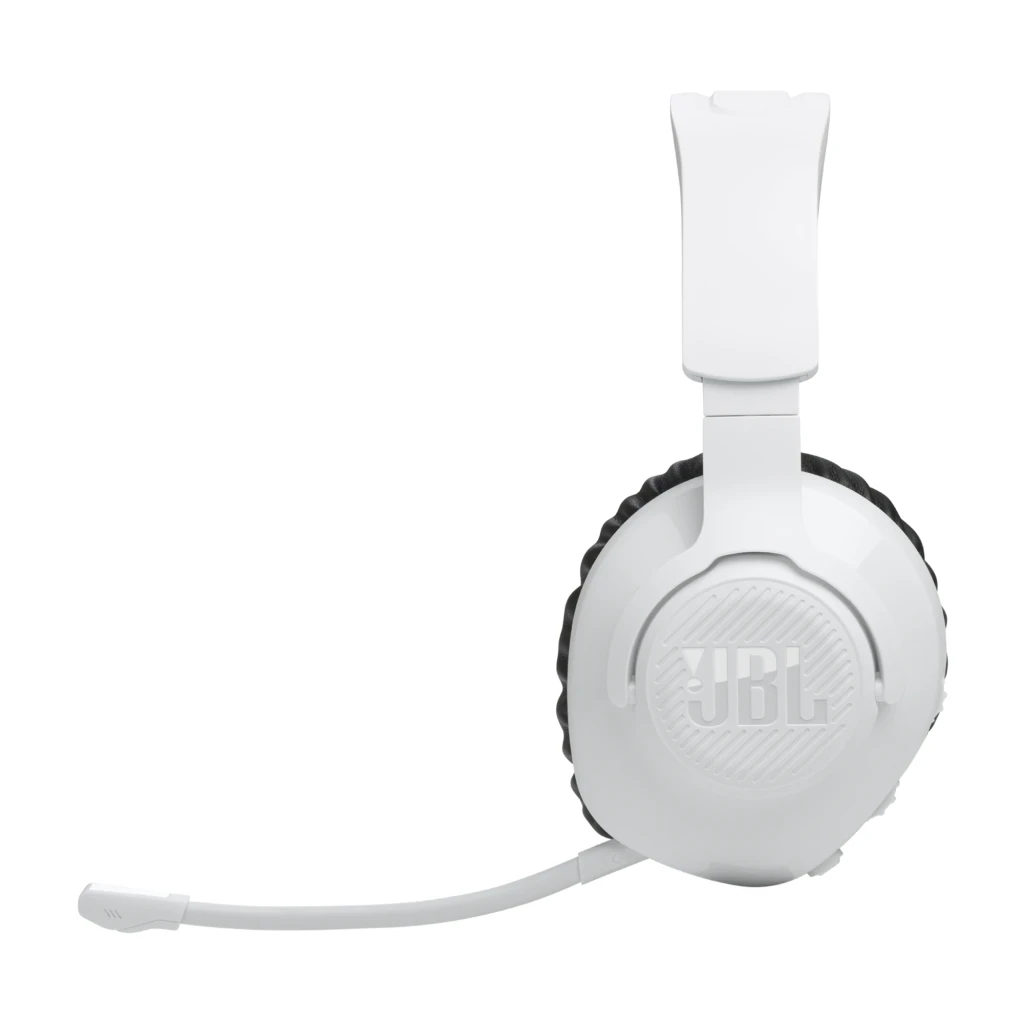 JBL Quantum 360P Blanc, vue latérale: casque avec coussin noir, arceau avec détail bleu et microphone flexible - Ítem3
