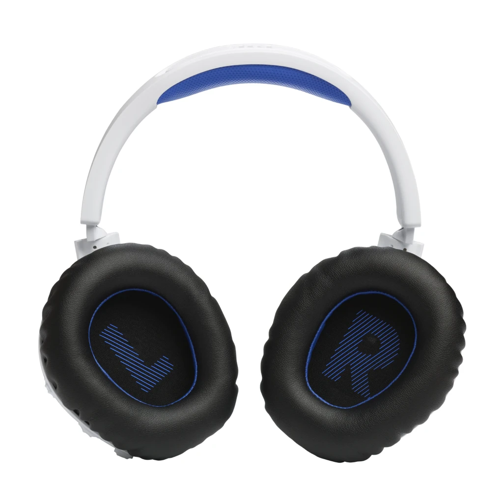 JBL Quantum 360P Blanc, vue latérale: casque avec coussin noir, arceau avec détail bleu et microphone flexible - Ítem2