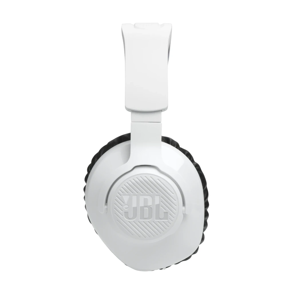 JBL Quantum 360P Blanc, vue latérale: casque avec coussin noir, arceau avec détail bleu et microphone flexible - Ítem5