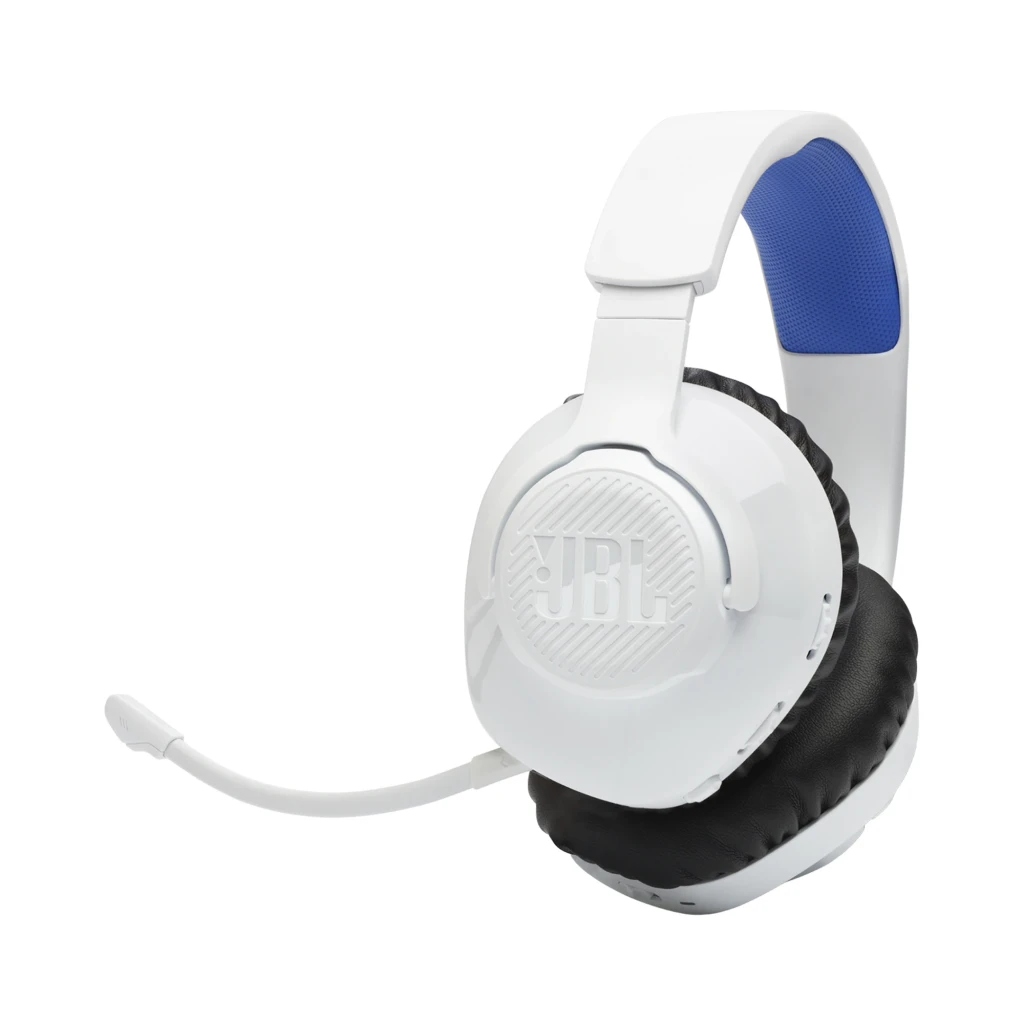 JBL Quantum 360P Blanc, vue latérale: casque avec coussin noir, arceau avec détail bleu et microphone flexible - Ítem4