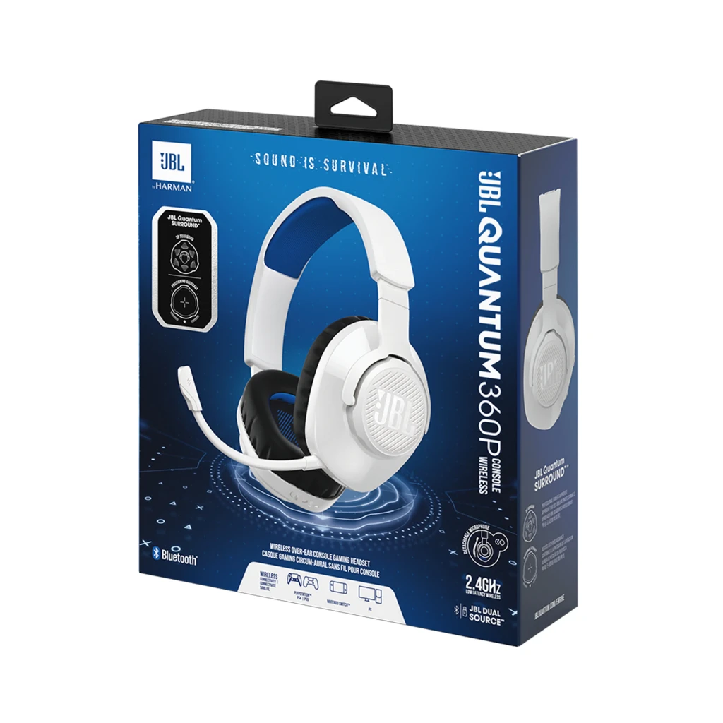 JBL Quantum 360P Blanc, vue latérale: casque avec coussin noir, arceau avec détail bleu et microphone flexible - Ítem7