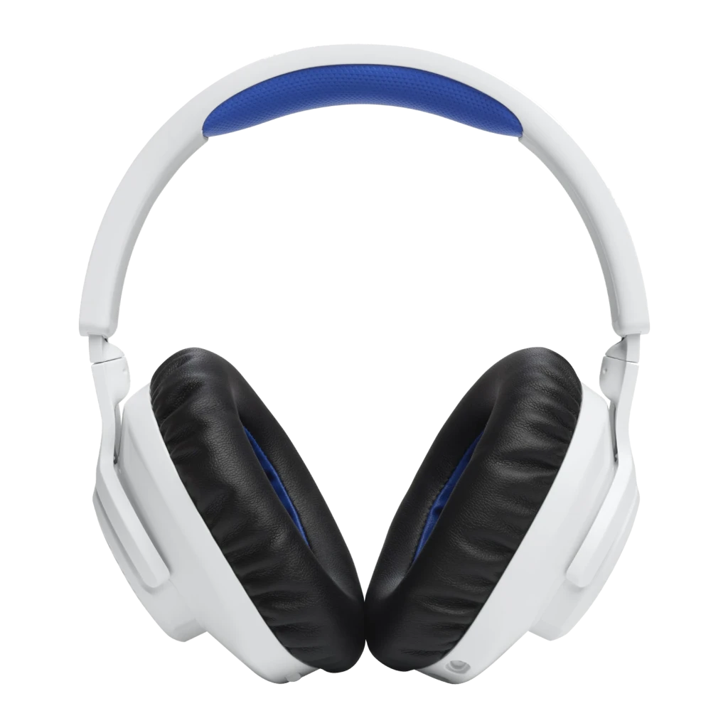 JBL Quantum 360P Blanc, vue latérale: casque avec coussin noir, arceau avec détail bleu et microphone flexible - Ítem1