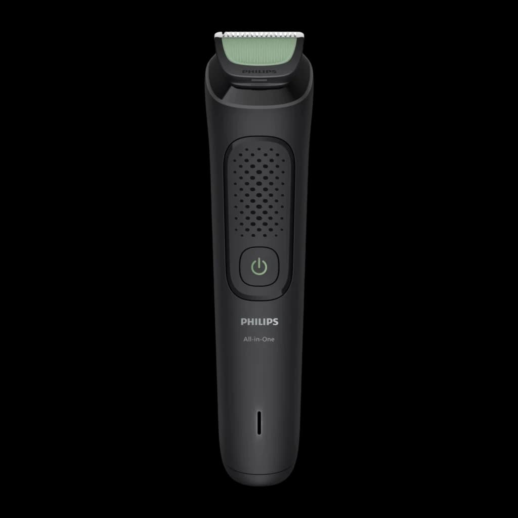 Philips MG3930/15 Series 3000 7en1 noir, vue de face: corps noir avec grille, bouton d'alimentation vert et tête tondeuse