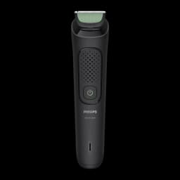 Philips MG3930/15 Series 3000 7en1 noir, vue de face: corps noir avec grille, bouton d'alimentation vert et tête tondeuse