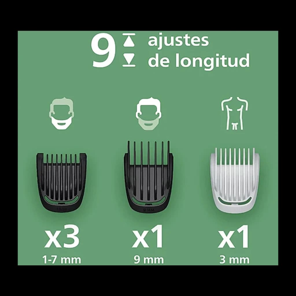 Philips MG3930/15 Series 3000 noir, accessoires: 5 sabots guide avec 9 réglages de longueur 1-7mm, 9mm et 3mm
