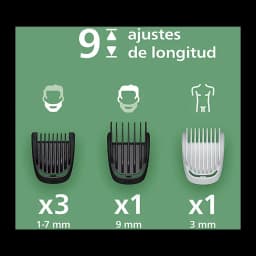 Philips MG3930/15 Series 3000 noir, accessoires: 5 sabots guide avec 9 réglages de longueur 1-7mm, 9mm et 3mm