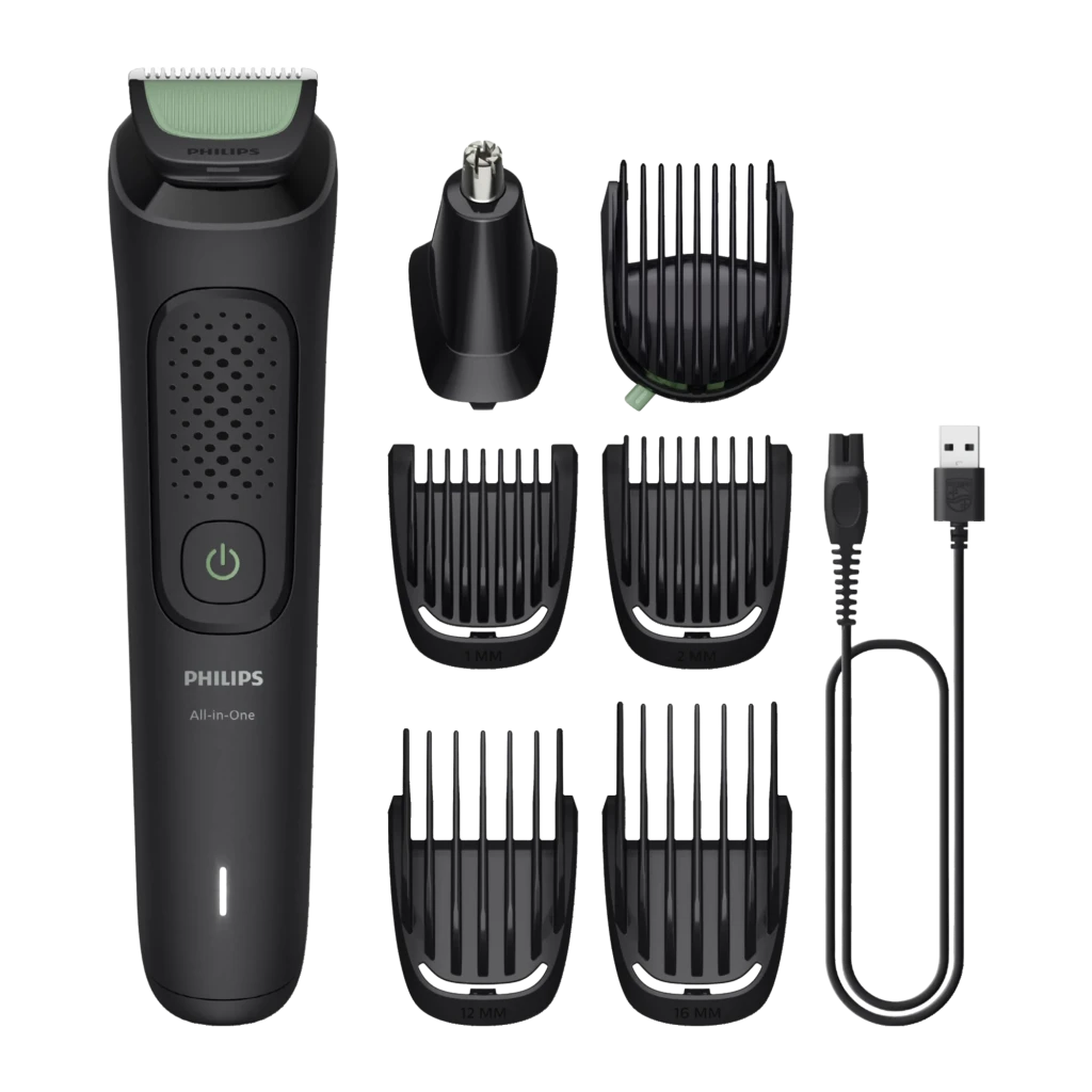 Philips MG3930/15 Series 3000 7en1 negro, vista frontal: cuerpo negro con rejilla, botón de encendido verde y cabezal - Ítem4