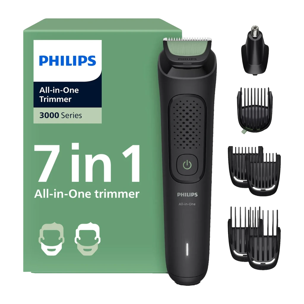Philips MG3930/15 Series 3000 7en1 negro, vista frontal: cuerpo negro con rejilla, botón de encendido verde y cabezal - Ítem3
