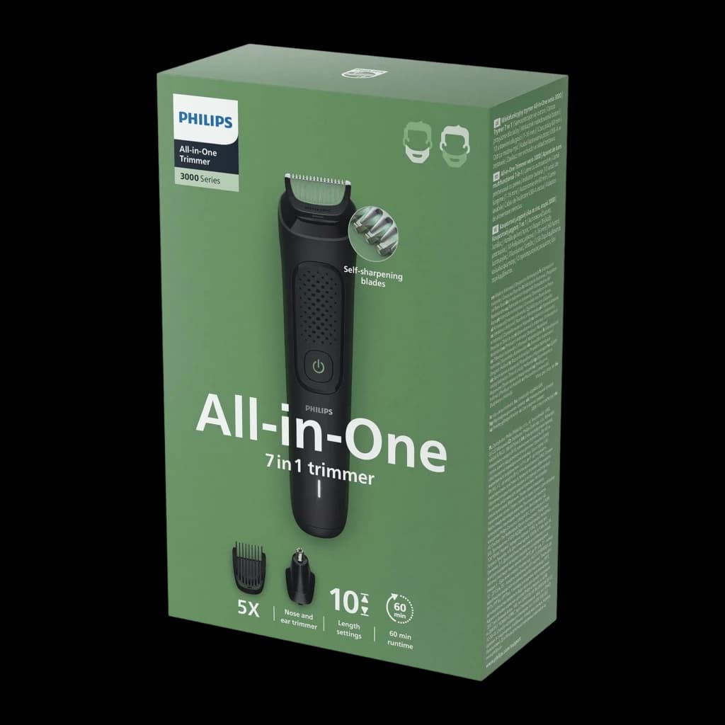 Philips All-in-One Trimmer MG3930/15 Series 3000 noir, boîte: emballage vert avec tondeuse et accessoires visibles
