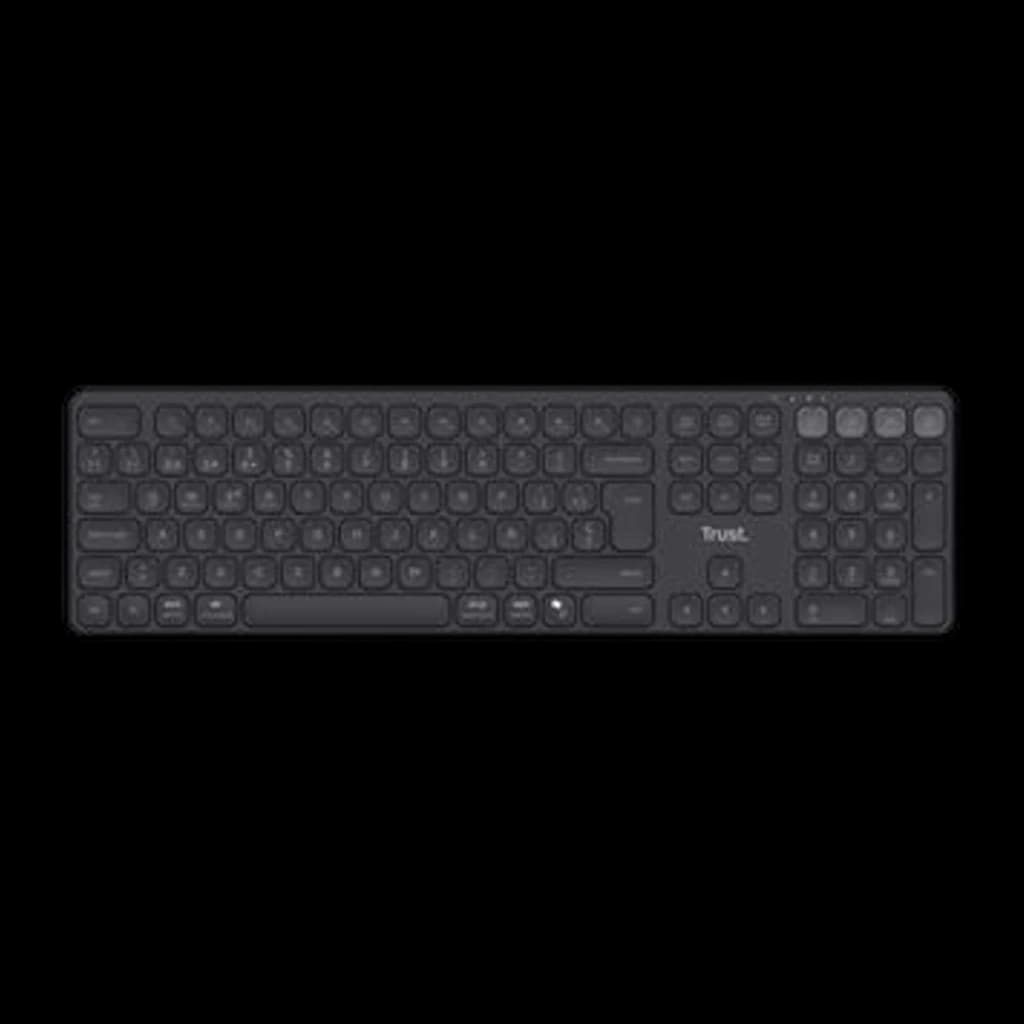 Trust Teclado Vaiya RF Wireless Bluetooth Preto, vista superior: teclado completo com teclas arredondadas, teclado numérico