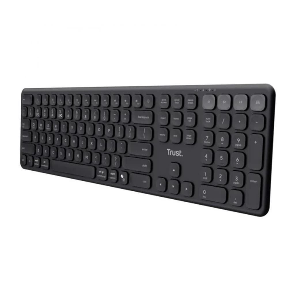 Trust Teclado Vaiya RF Wireless Bluetooth Espanhol preto, vista em perspectiva: teclas arredondadas, teclado numérico e