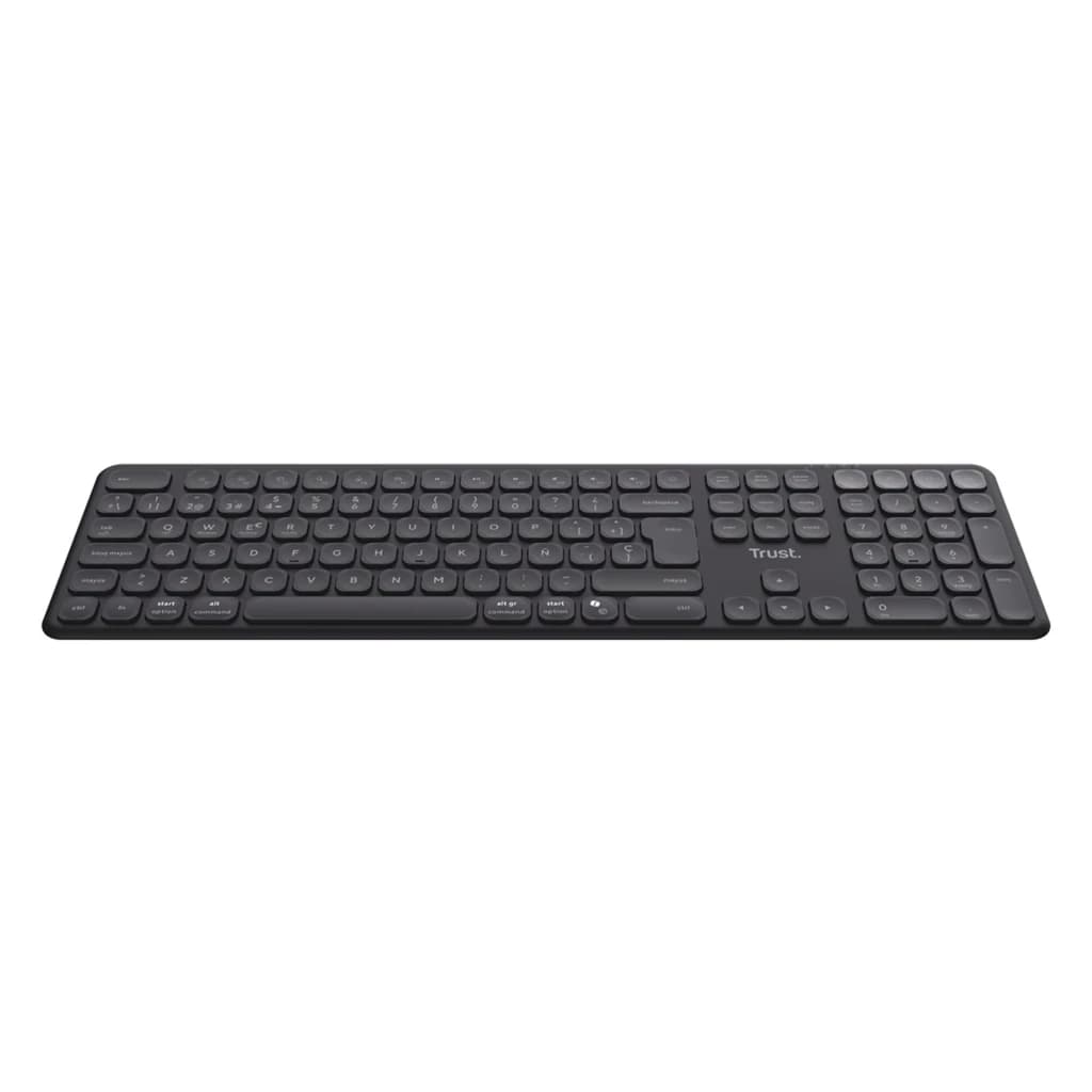 Trust Vaiya Teclado Sem Fio Espanhol Preto, vista em perspectiva: teclas arredondadas, layout completo com teclado numérico