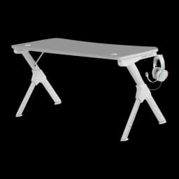 Mars Gaming MGD140 Escritorio Gaming Blanco, vista lateral: patas en X, soporte auriculares con headset y pasacables en