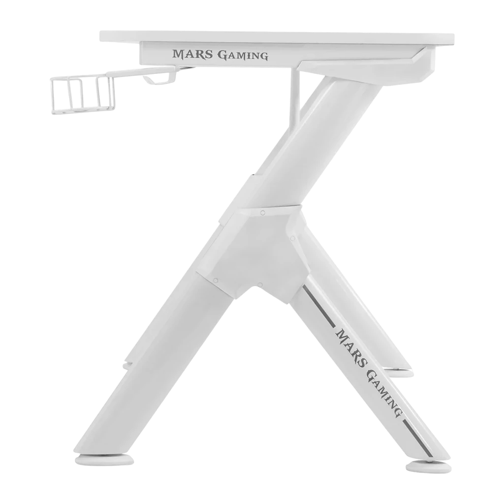 Mars Gaming MGD140 Secretária Gaming Branco, vista lateral: pernas em X, suporte auscultadores com headset e passagem de - Item2