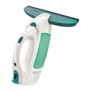 Leifheit Dry & Clean 51000 blanc, vue latérale gauche: poignée ergonomique, réservoir vert translucide et raclette