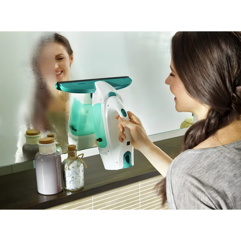 Leifheit Dry & Clean 51000 blanc, vue latérale gauche: poignée ergonomique, réservoir vert translucide et raclette - Ítem5
