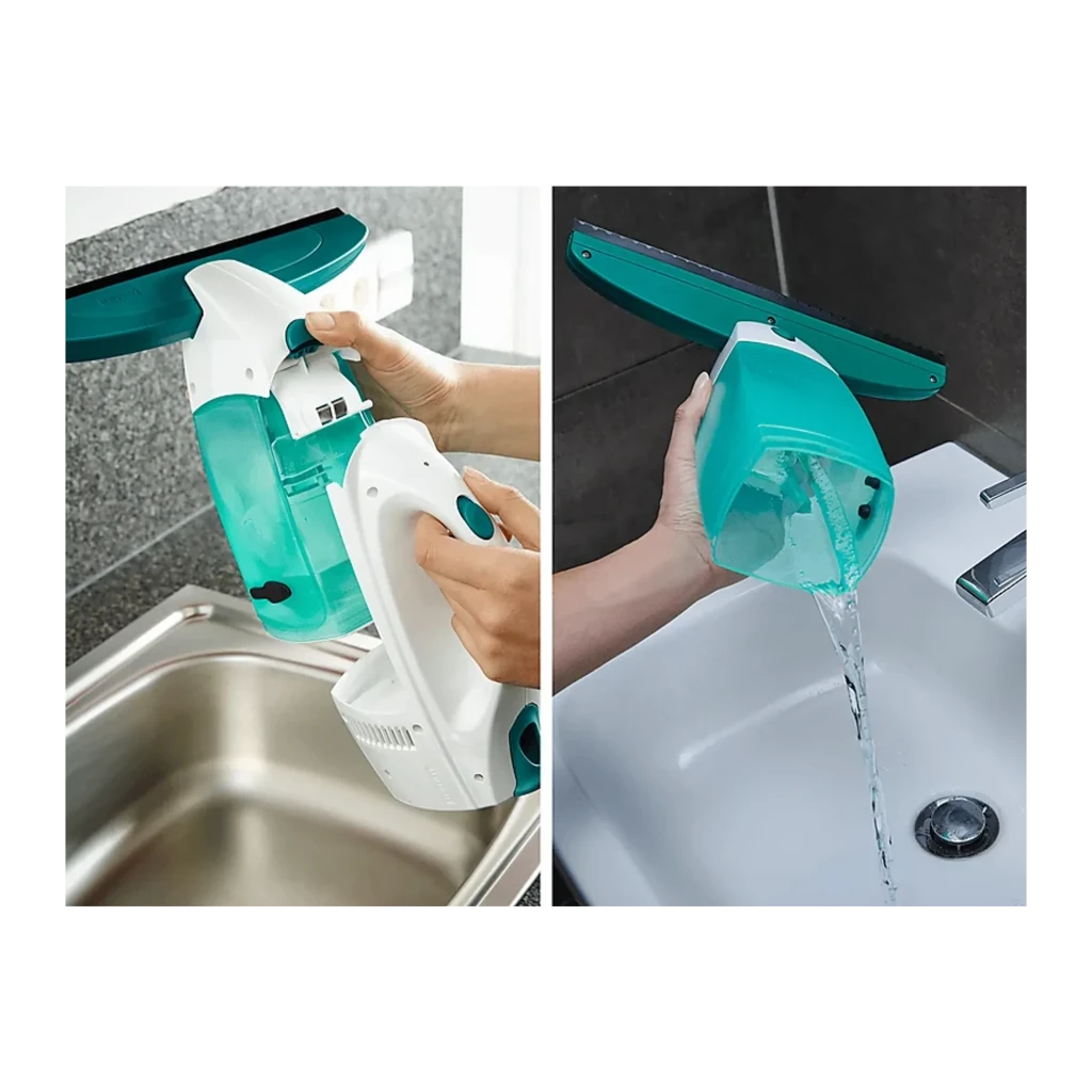 Leifheit Dry & Clean 51000 blanc, vue latérale gauche: poignée ergonomique, réservoir vert translucide et raclette - Ítem8