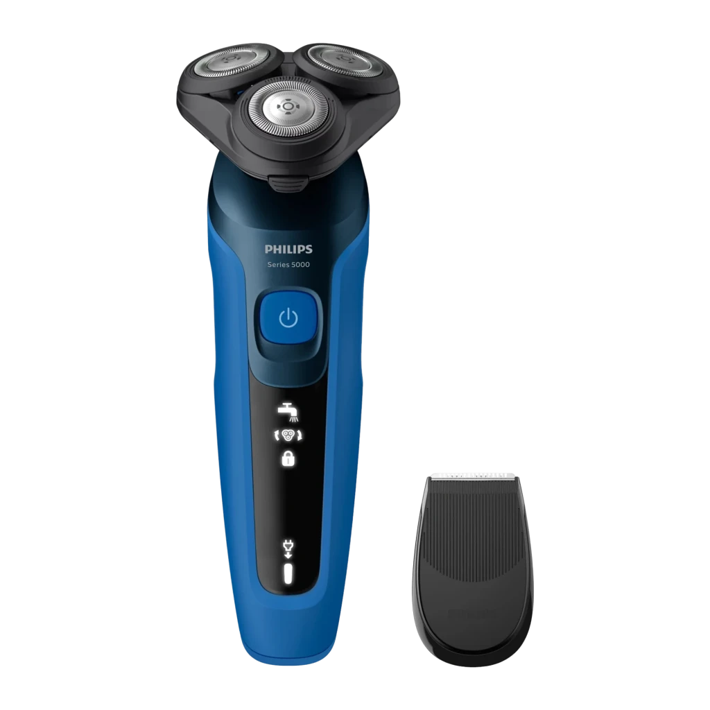 Philips Rasoir Shaver Series 5000 S5466/17 noir, vue de face: trois têtes rotatives, bouton marche bleu et icônes LED - Ítem2