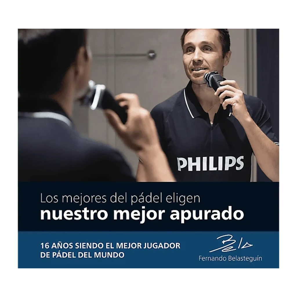 Philips Rasoir Shaver Series 5000 S5466/17 noir, vue de face: trois têtes rotatives, bouton marche bleu et icônes LED - Ítem4