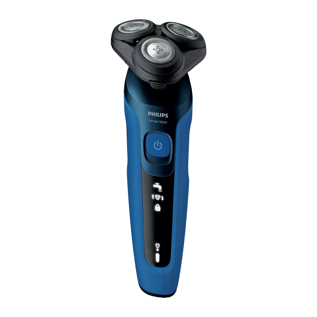 Philips Rasoir Shaver Series 5000 S5466/17 noir, vue de face: trois têtes rotatives, bouton marche bleu et icônes LED - Ítem5