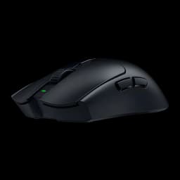 Razer Souris DeathAdder V3 HyperSpeed noir, vue latérale: profil ergonomique, molette texturée et LED verte latérale