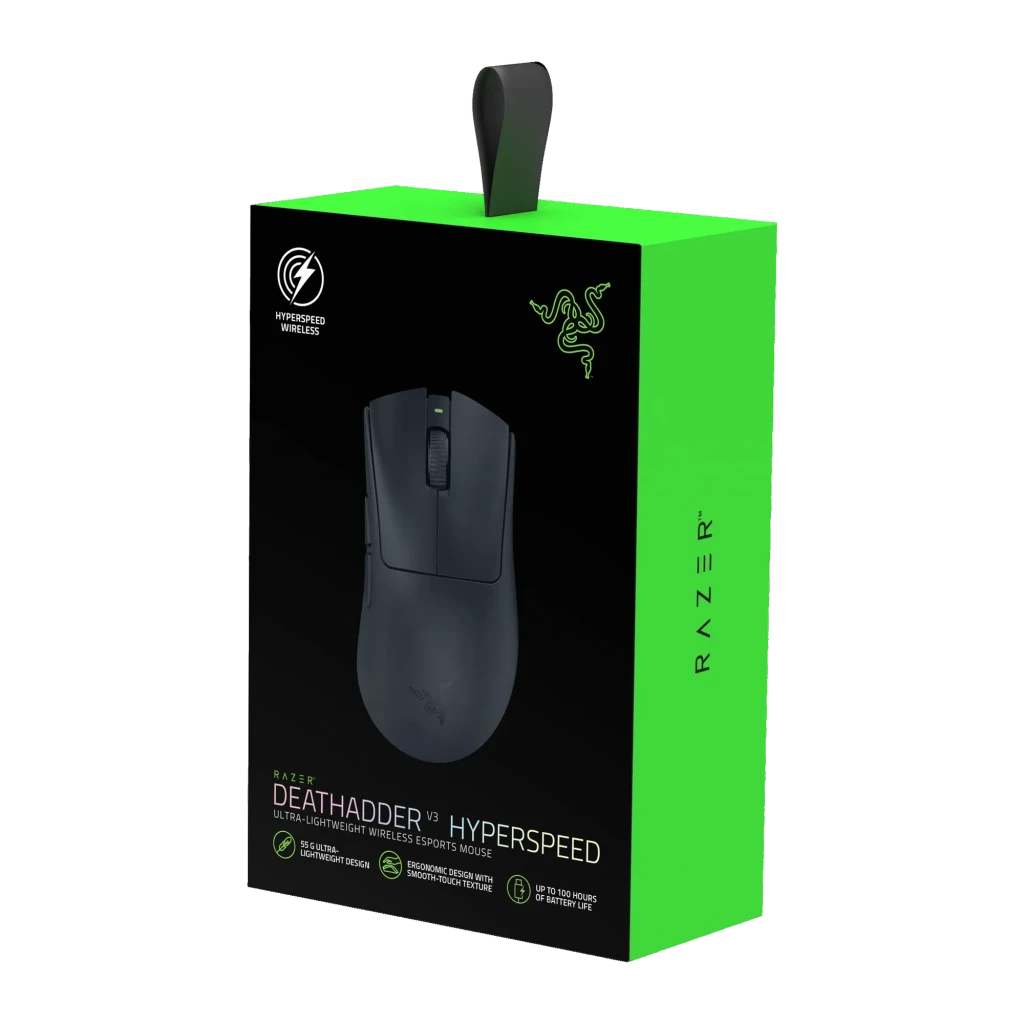 Razer Ratón DeathAdder V3 HyperSpeed negro, vista lateral: perfil ergonómico, rueda texturizada y LED verde lateral - Ítem1