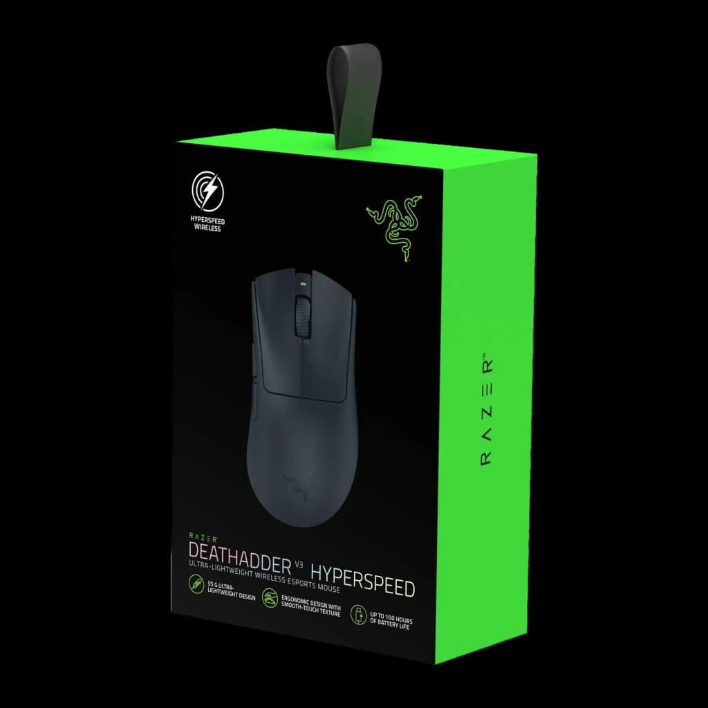Razer DeathAdder V3 HyperSpeed noir, boîte: emballage noir et vert avec souris imprimée et logo Razer visible de face en