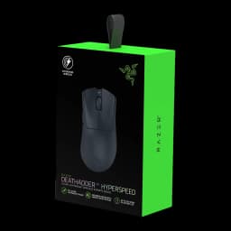 Razer DeathAdder V3 HyperSpeed noir, boîte: emballage noir et vert avec souris imprimée et logo Razer visible de face en
