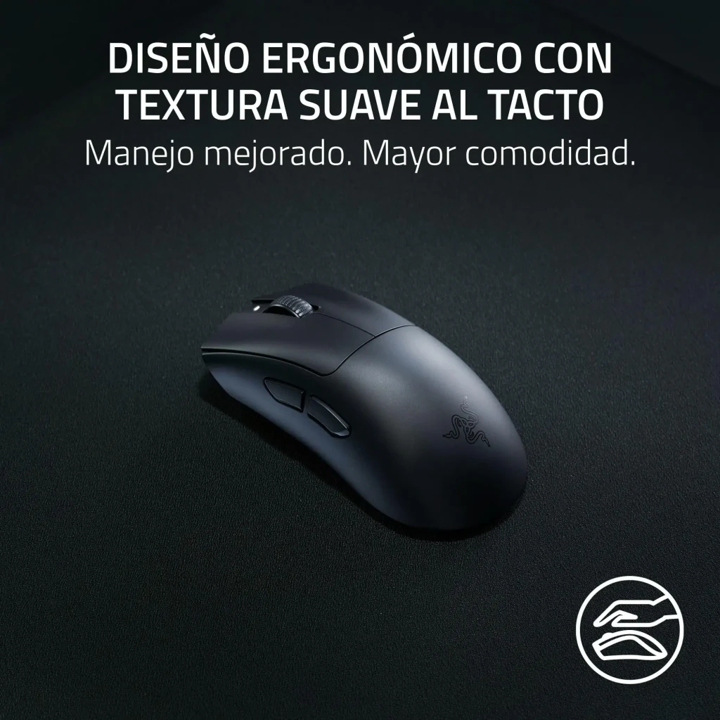 Razer Ratón DeathAdder V3 HyperSpeed negro, vista lateral: perfil ergonómico, rueda texturizada y LED verde lateral - Ítem4