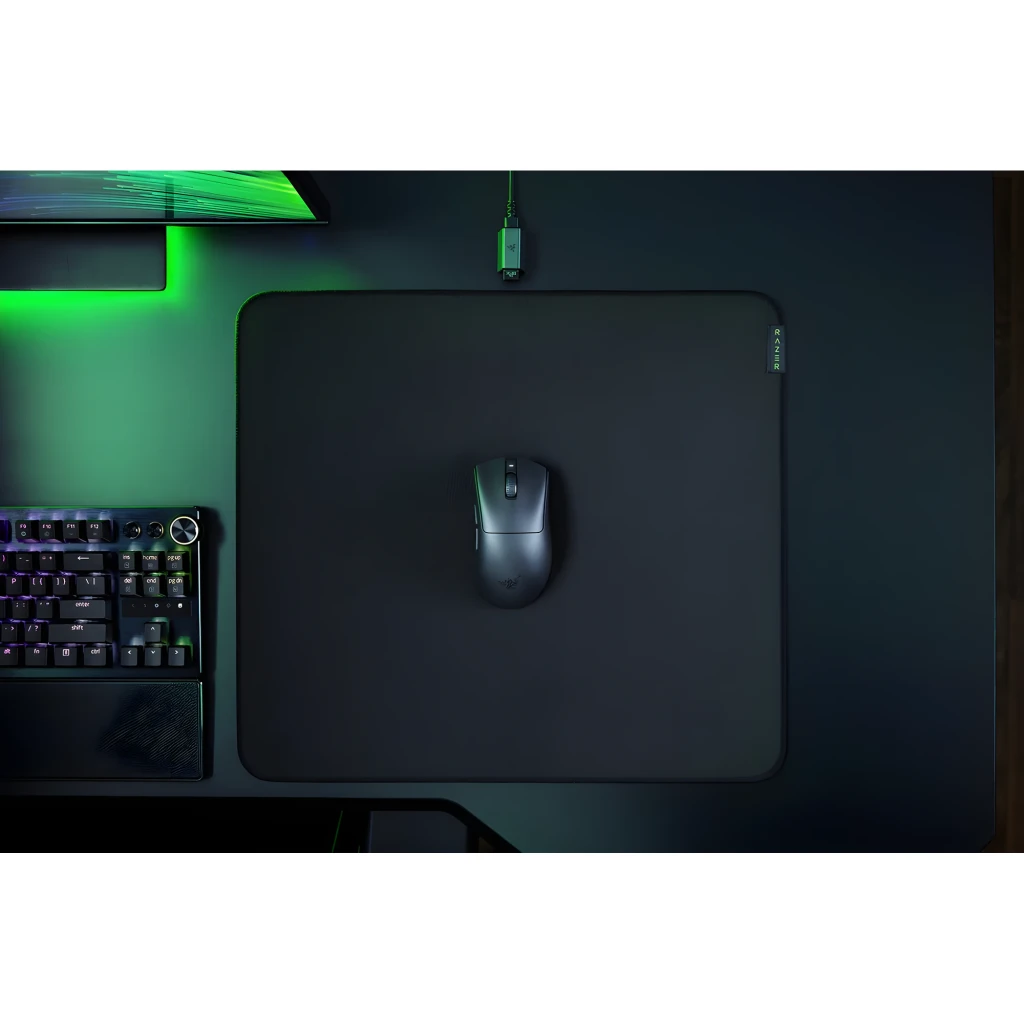 Razer Ratón DeathAdder V3 HyperSpeed negro, vista lateral: perfil ergonómico, rueda texturizada y LED verde lateral - Ítem5