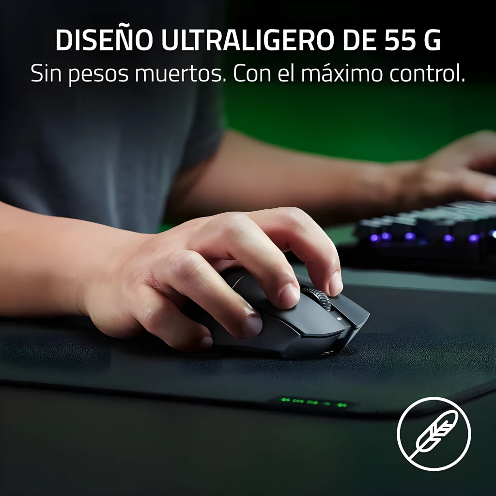 Razer Ratón DeathAdder V3 HyperSpeed negro, vista lateral: perfil ergonómico, rueda texturizada y LED verde lateral - Ítem6