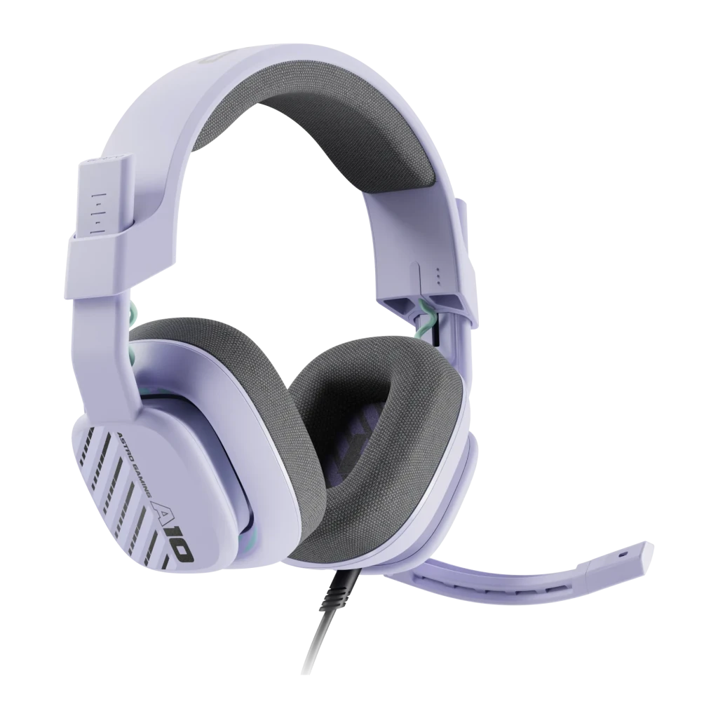 Logitech Astro A10 Gen 2 Violet, vue en angle: logo A10 sur l'oreillette, arceau en maille et réglage latéral visible - Ítem1