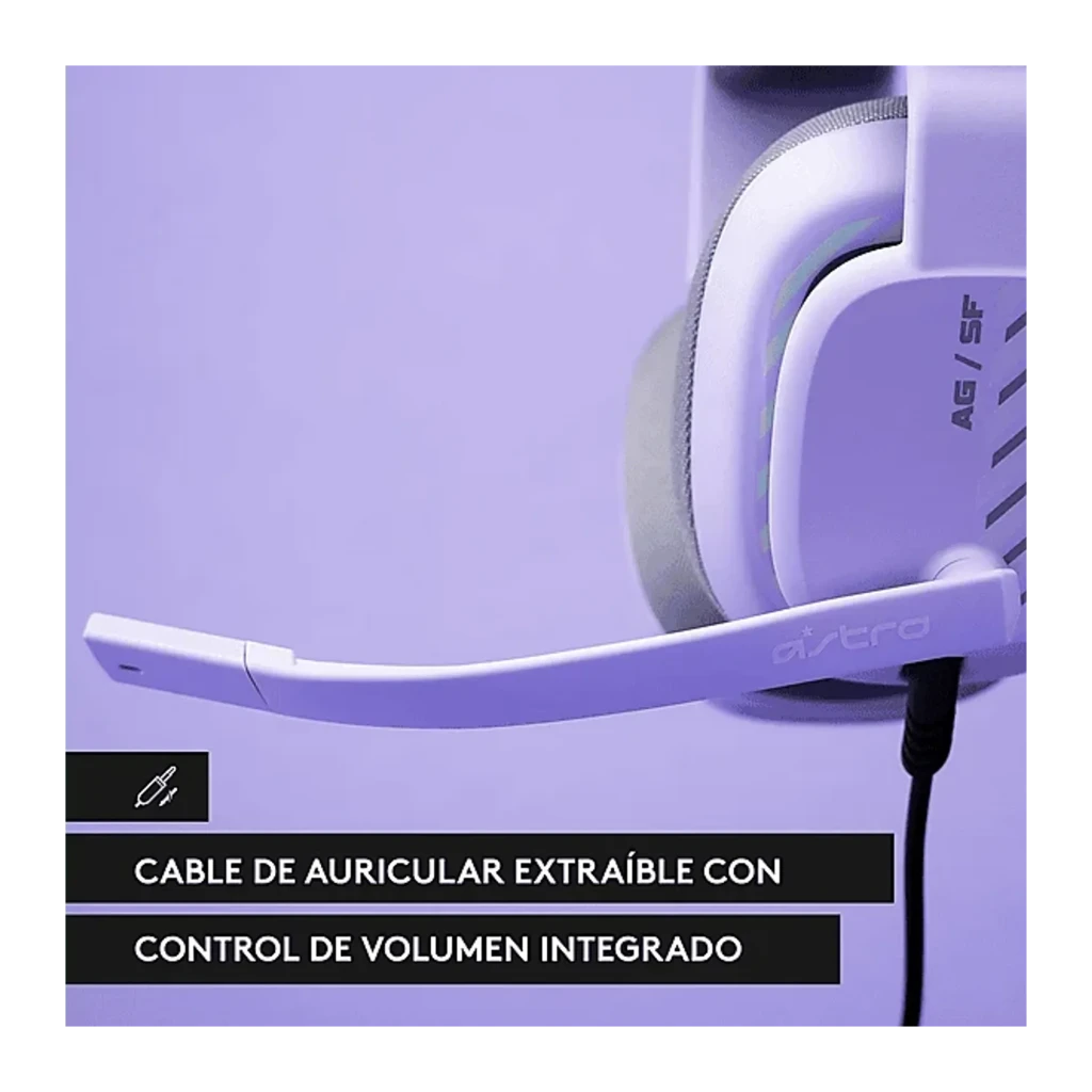 Logitech Astro A10 Gen 2 Violet, vue en angle: logo A10 sur l'oreillette, arceau en maille et réglage latéral visible - Ítem5