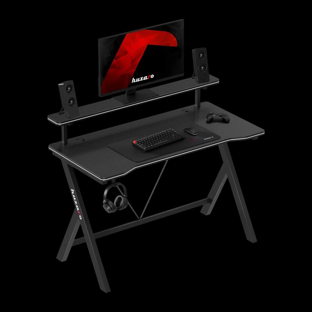 Huzaro Mesa Gaming Hero 1.9 RGB Negro, vista en perspectiva: escritorio con estante elevado, altavoces, monitor, teclado,