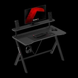 Huzaro Mesa Gaming Hero 1.9 RGB Negro, vista en perspectiva: escritorio con estante elevado, altavoces, monitor, teclado,