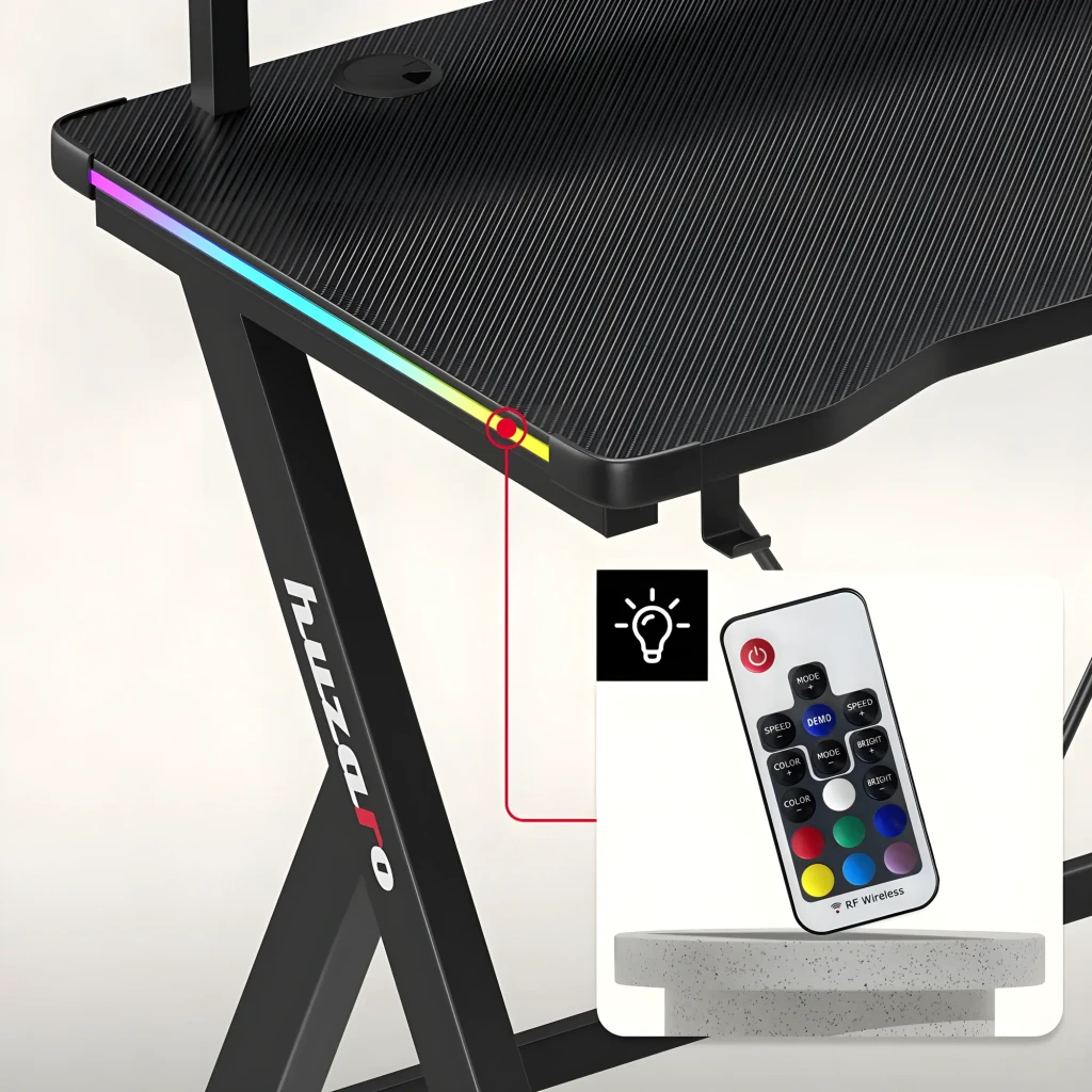 Huzaro Mesa Gaming Hero 1.9 RGB Negro, vista en perspectiva: escritorio con estante elevado, altavoces, monitor, teclado, - Ítem1