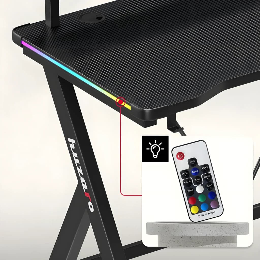 Huzaro Mesa Gaming Hero 1.9 RGB Negro, detalle: tira LED RGB en el borde y mando a distancia inalámbrico incluido