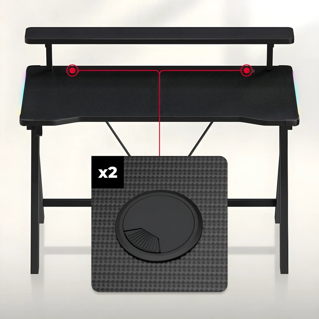 Huzaro Mesa Gaming Hero 1.9 RGB Negro, vista en perspectiva: escritorio con estante elevado, altavoces, monitor, teclado, - Ítem2