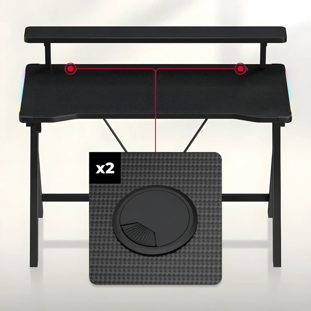 Huzaro Mesa Gaming Hero 1.9 RGB negro, detalle: 2 pasacables circulares en superficie con textura carbono e iluminación RGB