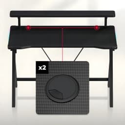 Huzaro Mesa Gaming Hero 1.9 RGB negro, detalle: 2 pasacables circulares en superficie con textura carbono e iluminación RGB