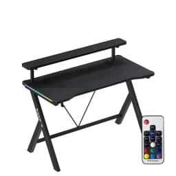 Huzaro Mesa Gaming Hero 1.9 RGB Negro, vista lateral: superficie carbono, estante elevado y mando RF inalámbrico incluido