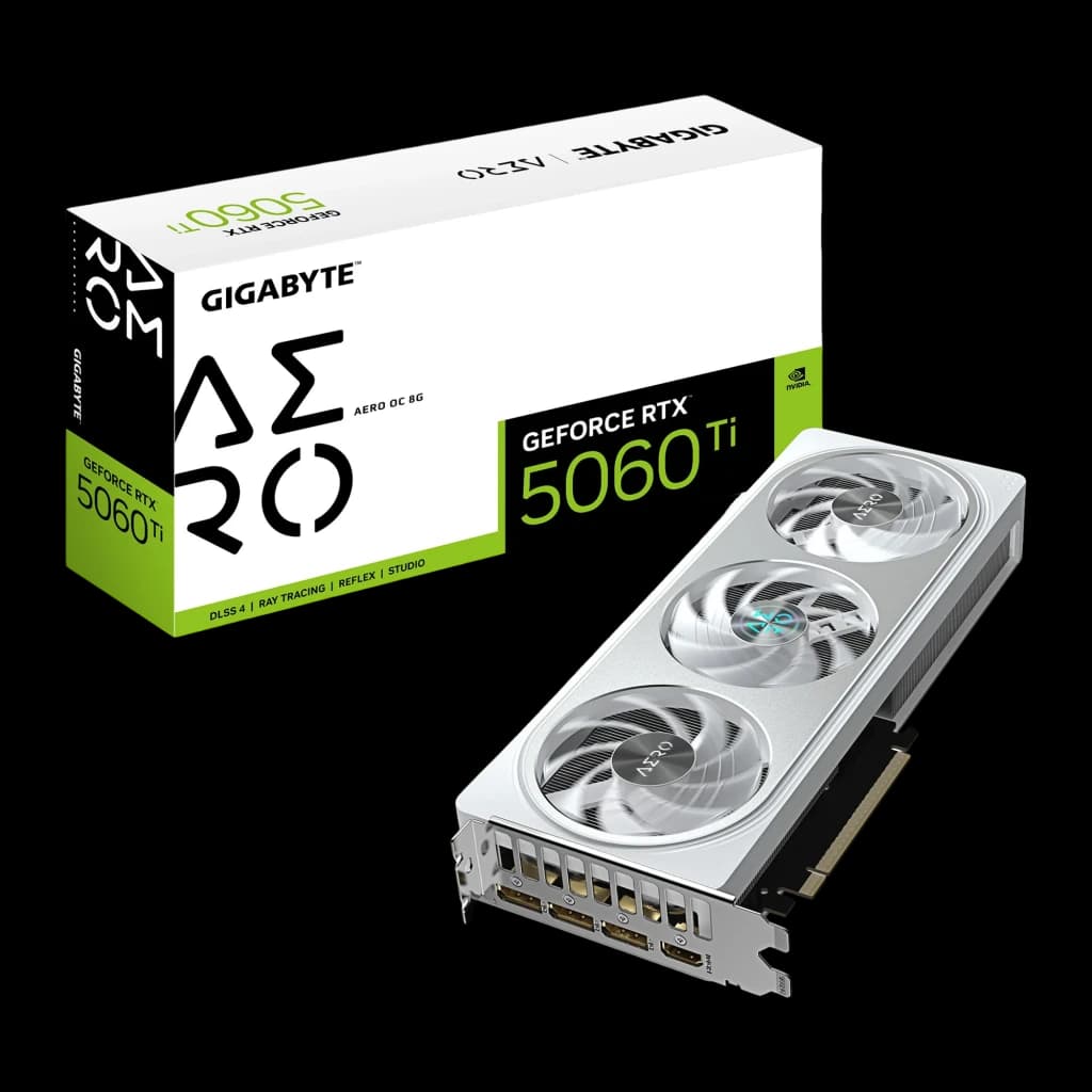 Gigabyte GeForce RTX 5060 Ti Aero OC 8GB blanca, kit con caja: tarjeta en ángulo mostrando puertos de salida y caja verde y