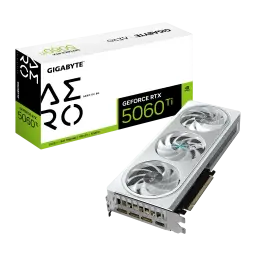 Gigabyte GeForce RTX 5060 Ti Aero OC 8GB blanca, kit con caja: tarjeta en ángulo mostrando puertos de salida y caja verde y