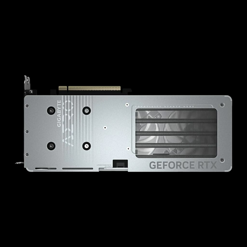 Gigabyte GeForce RTX 5060 Ti Aero OC 8GB blanca, vista trasera: backplate plateado con logo AERO grabado y ventana de