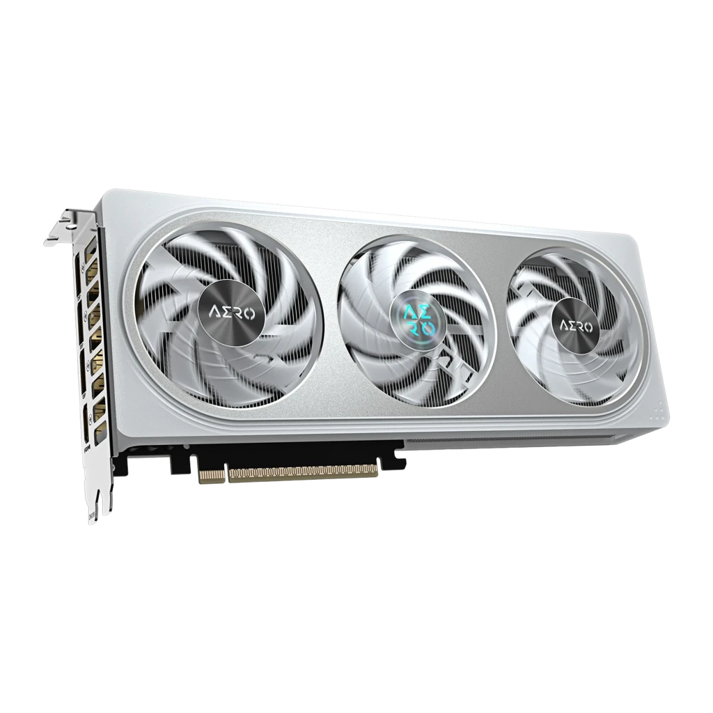 Gigabyte GeForce RTX 5060 Ti Aero OC 8GB branca, kit com caixa: placa em ângulo mostrando portas de saída e caixa verde e - Item2