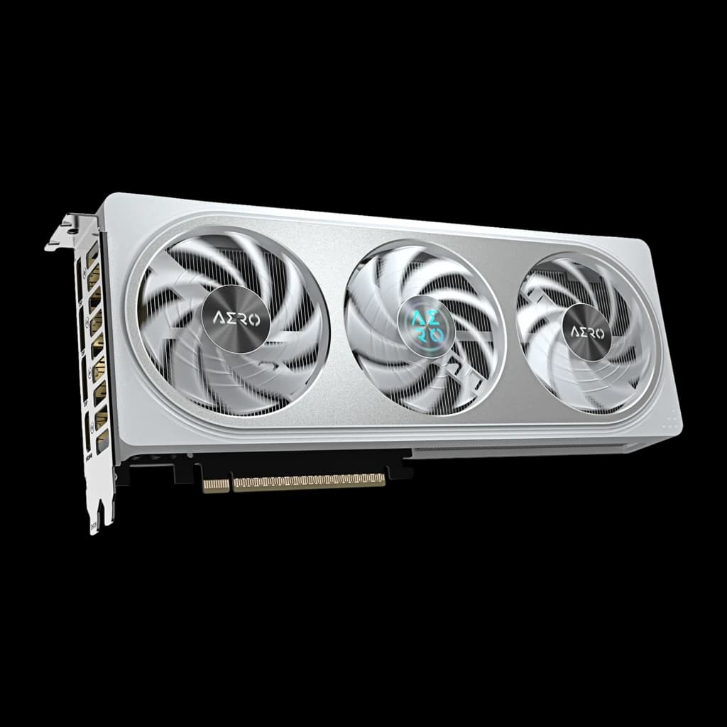 Gigabyte GeForce RTX 5060 Ti Aero OC 8GB blanca, vista frontal en ángulo: tres ventiladores WINDFORCE con logo AERO y