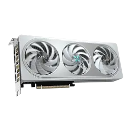Gigabyte GeForce RTX 5060 Ti Aero OC 8GB blanca, vista frontal en ángulo: tres ventiladores WINDFORCE con logo AERO y
