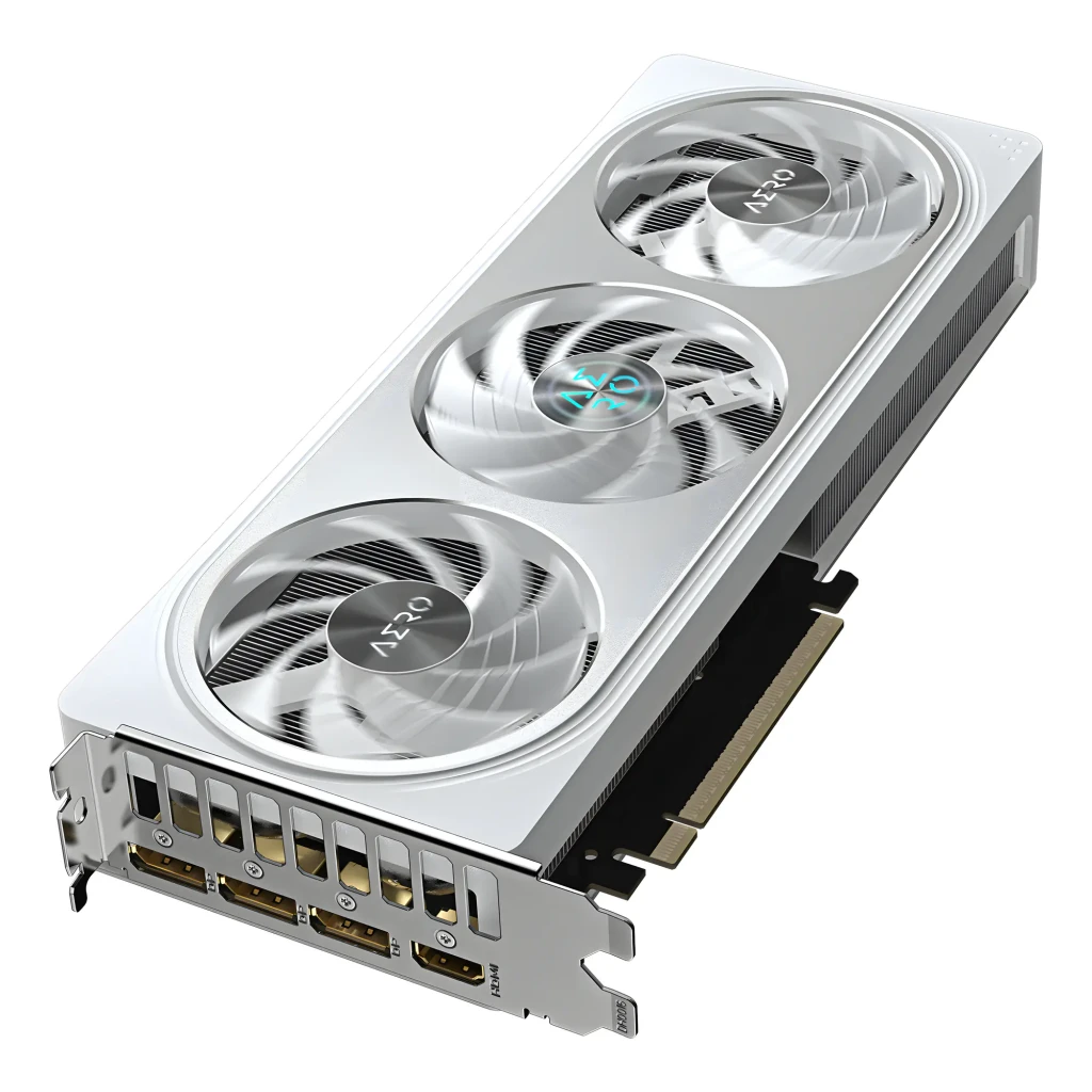 Gigabyte GeForce RTX 5060 Ti Aero OC 8GB branca, kit com caixa: placa em ângulo mostrando portas de saída e caixa verde e - Item4